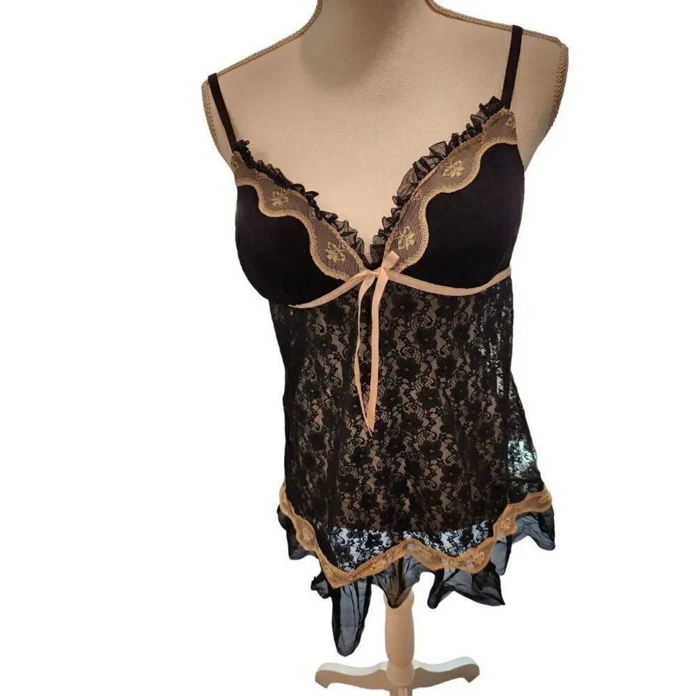 Linea Donatella Womens Black Lace Peekaboo Lingerie Nightie L Sexy Teddy